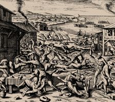 Powhatan attack on 22 March 1622, 1628. Creator: Merian, Matthäus, the Elder (1593-1650)