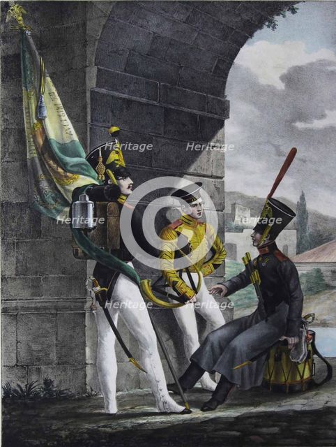 Podpraporshchik, Drummer and Hornist of the Finliandsky Guard Regiment, 1829. Artist: Belousov, Lev Alexandrovich (1806-1864)