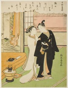 Poem by Chunagon Yakamochi, from an untitled series of One Hundred Poems by One..., c. 1767/68. Creator: Suzuki Harunobu