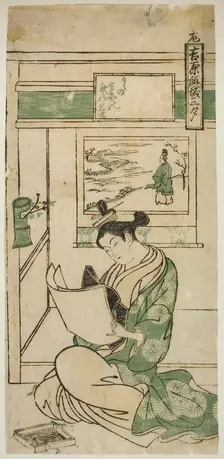 Poem by Fujiwara no Teika, from the series "Yoshiwara Courtesans in the Three..., c. 1750. Creator: Okumura Masanobu