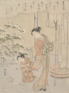 Poem by Fujiwara no Motozane (ca. 860) from the Series Thirty-Six Poets, ca. 1768., ca. 1768. Creator: Suzuki Harunobu