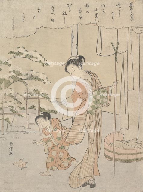 Poem by Fujiwara no Motozane (ca. 860) from the Series Thirty-Six Poets, ca. 1768., ca. 1768. Creator: Suzuki Harunobu.