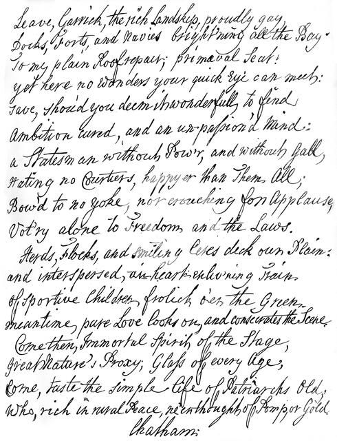 Poem by Lord Chatham to David Garrick, 18th century, (1840). Artist: William Pitt