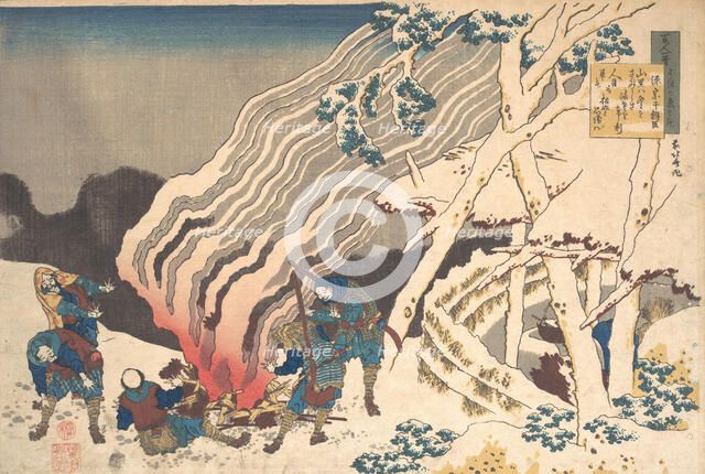 Poem by Minamoto no Muneyuki Ason, from the series One Hundred Poems Explained by the Nurs..., 1839. Creator: Hokusai.