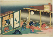 Poem by Sanjo-in, from the series "One Hundred Poems Explained by the Nurse..., c. 1835/36. Creator: Hokusai