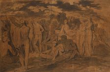 Poet reciting to a crowd seated and standing around a tree (or Homer and Orpheus), 1770s. Creator: James Jefferys