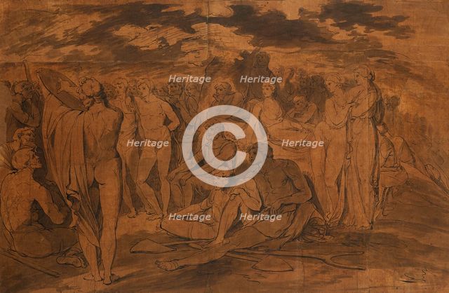 Poet reciting to a crowd seated and standing around a tree (or Homer and Orpheus), 1770s. Creator: James Jefferys.