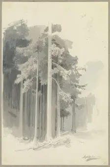 Poetic coniferous forest on a slope, sketch of a figure walking downhill (or leaning?)..., 1844. Creator: Carl Theodor Reiffenstein