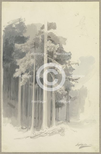 Poetic coniferous forest on a slope, sketch of a figure walking downhill (or leaning?)..., 1844. Creator: Carl Theodor Reiffenstein.