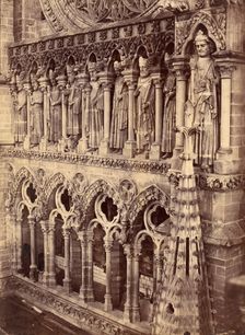 Pointed Arches, Sculptural Saints, and Rose Window on Unidentified Cathedral, 1880s. Creator: Unknown
