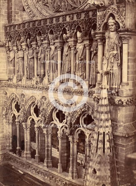 Pointed Arches, Sculptural Saints, and Rose Window on Unidentified Cathedral, 1880s. Creator: Unknown.