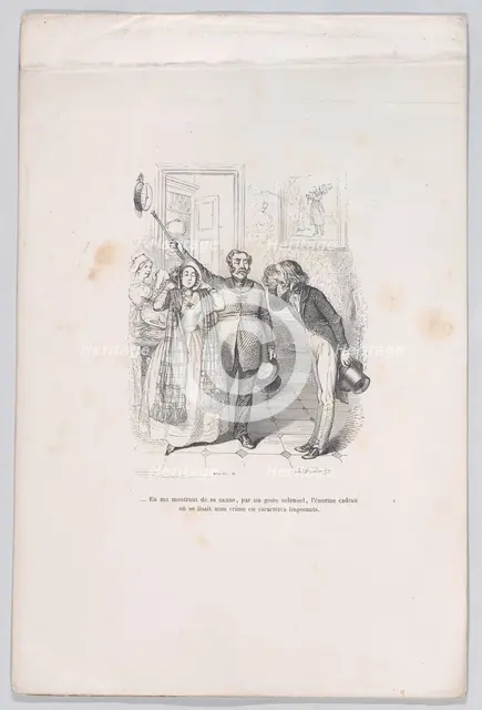 ...Pointing me to the evidence of my crime with his cane. from the Little Miseries of Huma..., 1843. Creator: Brugnot.