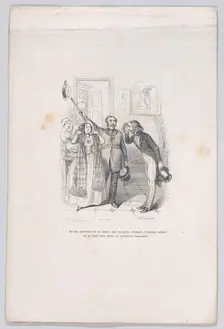 ...Pointing me to the evidence of my crime with his cane. from the Little Miseries of Huma..., 1843. Creator: Brugnot