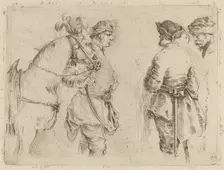 Pole Holding the Bridle of a Horse while Speaking with Two Other Men. Creator: Stefano della Bella