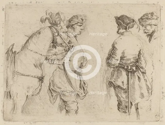Pole Holding the Bridle of a Horse while Speaking with Two Other Men. Creator: Stefano della Bella.