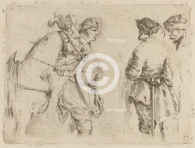 Pole Holding the Bridle of a Horse while Speaking with Two Other Men. Creator: Stefano della Bella.