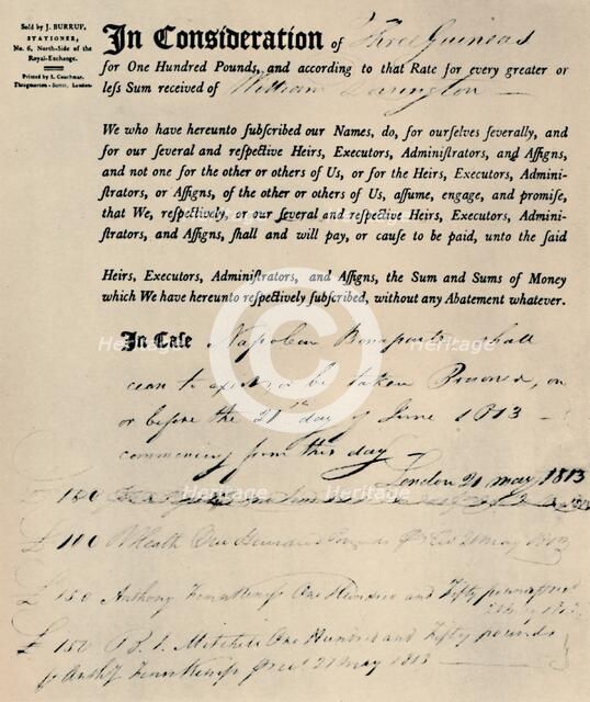 'Policy on Life of Napoleon, 1813', (1928). Artist: Unknown.