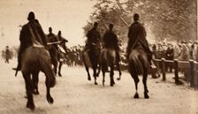Police on Horseback controling crowds during the Great Strike at Hyde Park Corner, pub. 1926 (photog