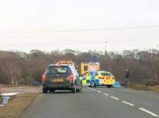 Police car and ambulance attending road traffic accident 2018. Creator: Unknown