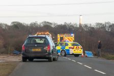 Police car and ambulance attending road traffic accident 2018. Creator: Unknown