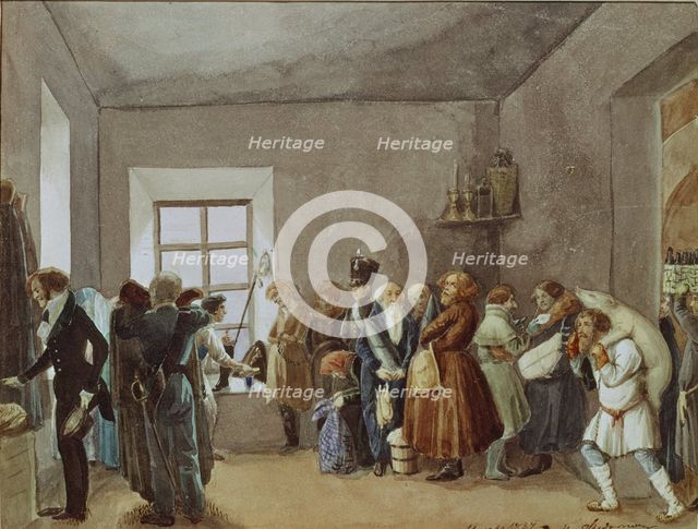 Police Commissary's Reception Room the Night Before a Holiday, 1837. Artist: Fedotov, Pavel Andreyevich (1815-1852)