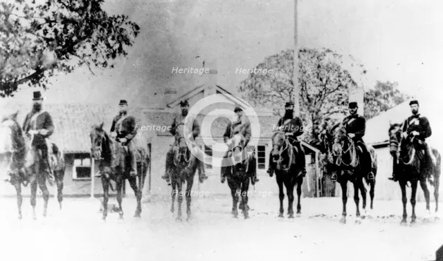 Police Commissioner and troopers outside Brisbane Police Headquarters 1868. Creator: Unknown.