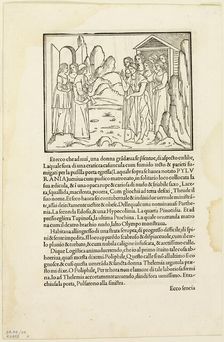 Poliphilus Meeting the Venerable Matron (recto) and Poliphilus in a Rocky Place (verso)...1929. Creators: Unknown, Aldus Manutius, Francesco Colonna, Wilhelm Ludwig Schreiber