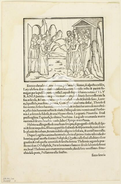 Poliphilus Meeting the Venerable Matron (recto) and Poliphilus in a Rocky Place (verso)...1929. Creators: Unknown, Aldus Manutius, Francesco Colonna, Wilhelm Ludwig Schreiber.