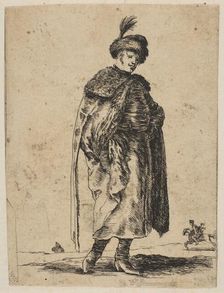 Polish man with a mustache wearing a fur coat and a hat with a feather, ca. 1648. Creator: Stefano della Bella