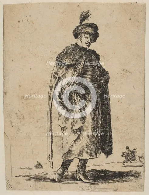 Polish man with a mustache wearing a fur coat and a hat with a feather, ca. 1648. Creator: Stefano della Bella.