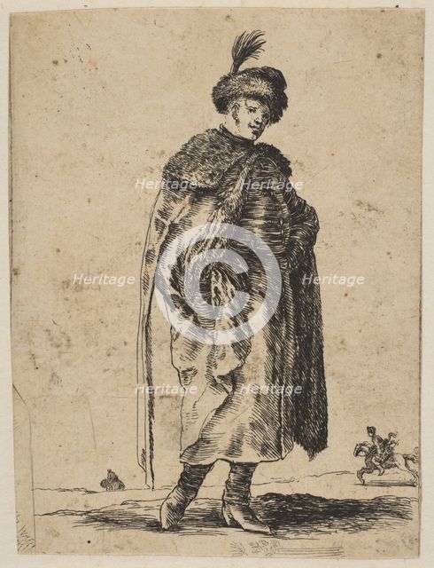 Polish man with a mustache wearing a fur coat and a hat with a feather, ca. 1648. Creator: Stefano della Bella.