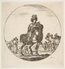 Polish horseman facing right, a circular composition, from Figures on Horseback (Cav..., ca. 1651. Creator: Stefano della Bella