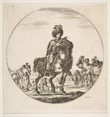 Polish horseman facing right, a circular composition, from Figures on Horseback (Cav..., ca. 1651. Creator: Stefano della Bella