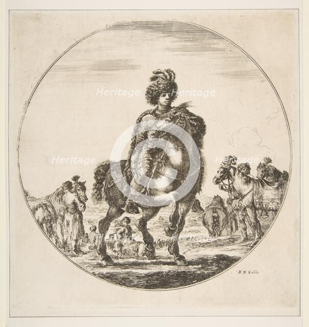 Polish horseman facing right, a circular composition, from 'Figures on Horseback' (Cav..., ca. 1651. Creator: Stefano della Bella.