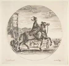 Polish horseman in profile facing right, a tower and other figures on horses in backgr..., ca. 1651. Creator: Stefano della Bella