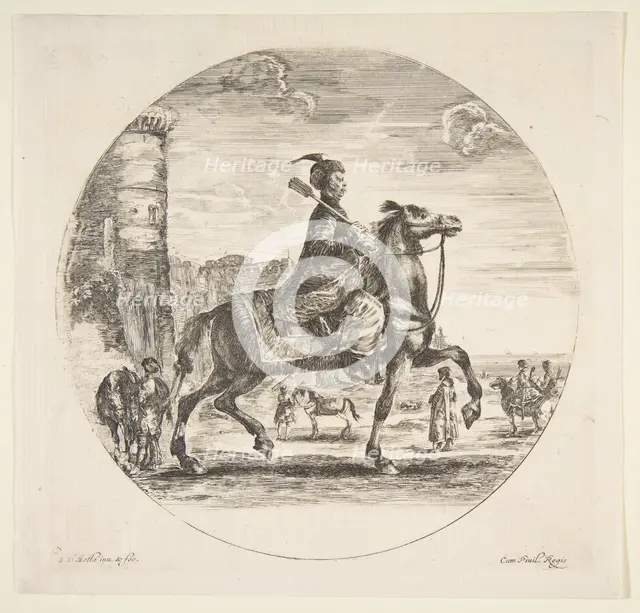Polish horseman in profile facing right, a tower and other figures on horses in backgr..., ca. 1651. Creator: Stefano della Bella.