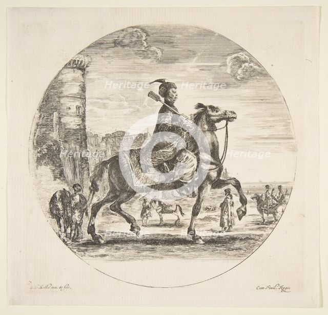 Polish horseman in profile facing right, a tower and other figures on horses in backgr..., ca. 1651. Creator: Stefano della Bella.