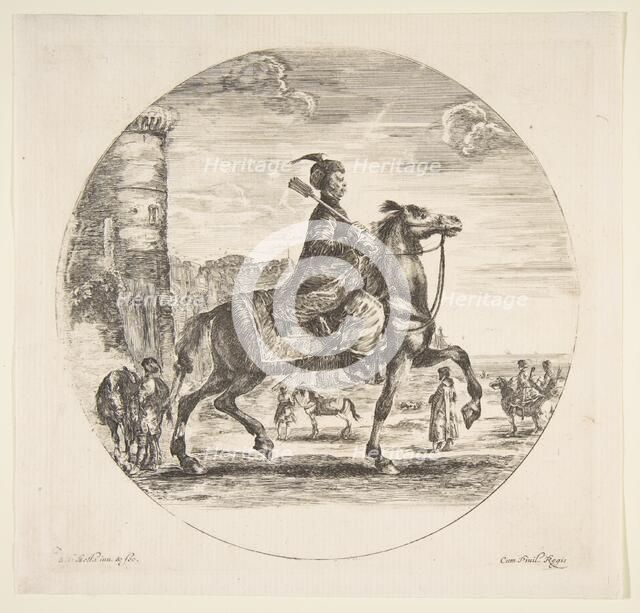 Polish horseman in profile facing right, a tower and other figures on horses in backgr..., ca. 1651. Creator: Stefano della Bella.