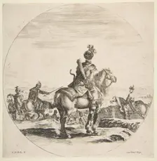 Polish horseman with a bow and arrow, seen from behind with his horse facing right, a ..., ca. 1651. Creator: Stefano della Bella