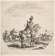 Polish horseman with a bow and arrow, seen from behind with his horse facing right, a ..., ca. 1651. Creator: Stefano della Bella