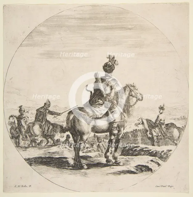 Polish horseman with a bow and arrow, seen from behind with his horse facing right, a ..., ca. 1651. Creator: Stefano della Bella.