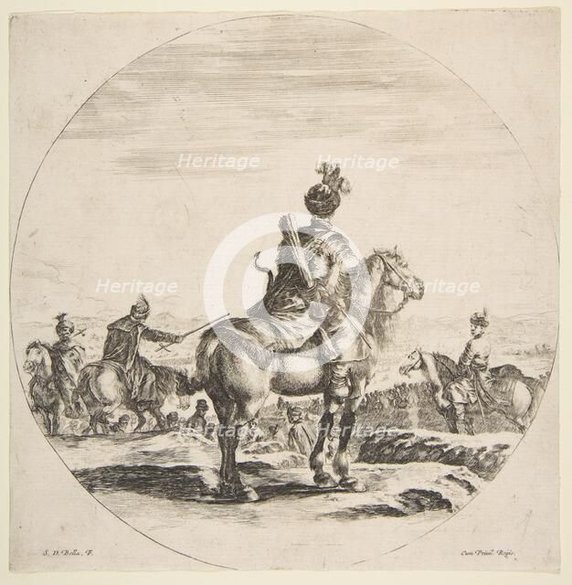 Polish horseman with a bow and arrow, seen from behind with his horse facing right, a ..., ca. 1651. Creator: Stefano della Bella.