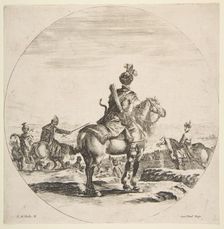 Polish horseman with a bow and arrow, seen from behind with his horse facing right, a ..., ca. 1651. Creator: Stefano della Bella