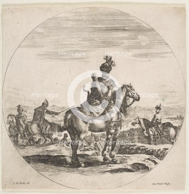 Polish horseman with a bow and arrow, seen from behind with his horse facing right, a ..., ca. 1651. Creator: Stefano della Bella.