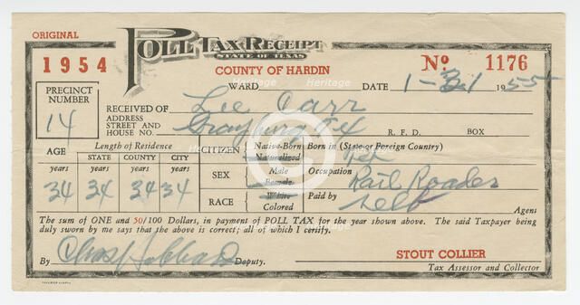 Poll tax receipt for Lee Carr from Hardin County, Texas, 1955. Creator: Unknown.