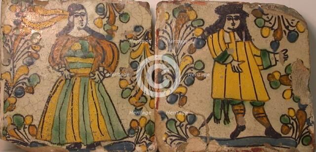 Polychrome Tiles Depicting Male and Female Figures in Contemporary Dress Surrounded..., 1700/1750. Creator: Unknown.