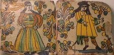 Polychrome Tiles Depicting Male and Female Figures in Contemporary Dress Surrounded..., 1700/1750. Creator: Unknown
