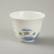 Polychrome and underglaze blue month cup with enamel decoration, 1980s