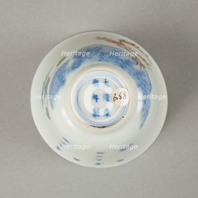 Polychrome and underglaze blue month cup with enamel decoration, 1980s. Artist: Unknown.