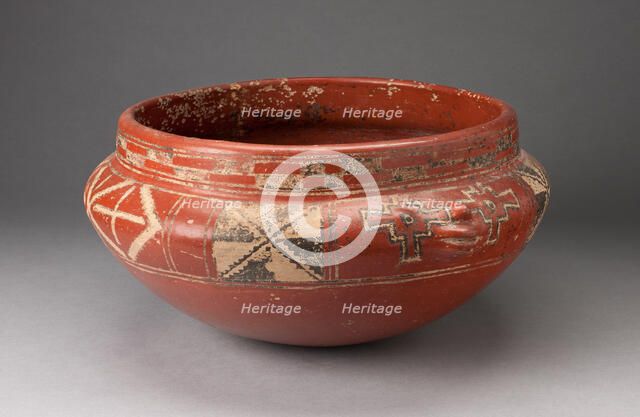 Polychrome Bowl with Geometric Designs and Face in Relief on Shoulder, c. 400 B.C. Creator: Unknown.